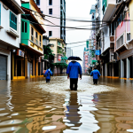 Macau Flood Prevention**

"A wide street in Macau after heavy rainfall, fully clothed people wading through knee-deep water, buildings reflecting in the flooded street, appropriate attire, safe for work, perfect anatomy, correct proportions, professional photo, daytime, drainage system in action, modest infrastructure."

**
