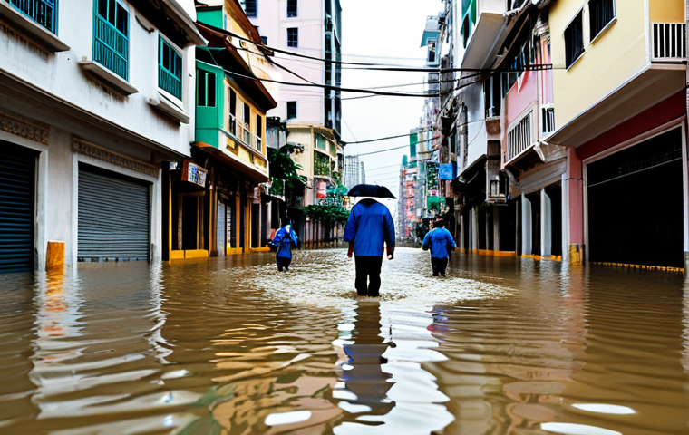 Macau Flood Prevention**

"A wide street in Macau after heavy rainfall, fully clothed people wading through knee-deep water, buildings reflecting in the flooded street, appropriate attire, safe for work, perfect anatomy, correct proportions, professional photo, daytime, drainage system in action, modest infrastructure."

**